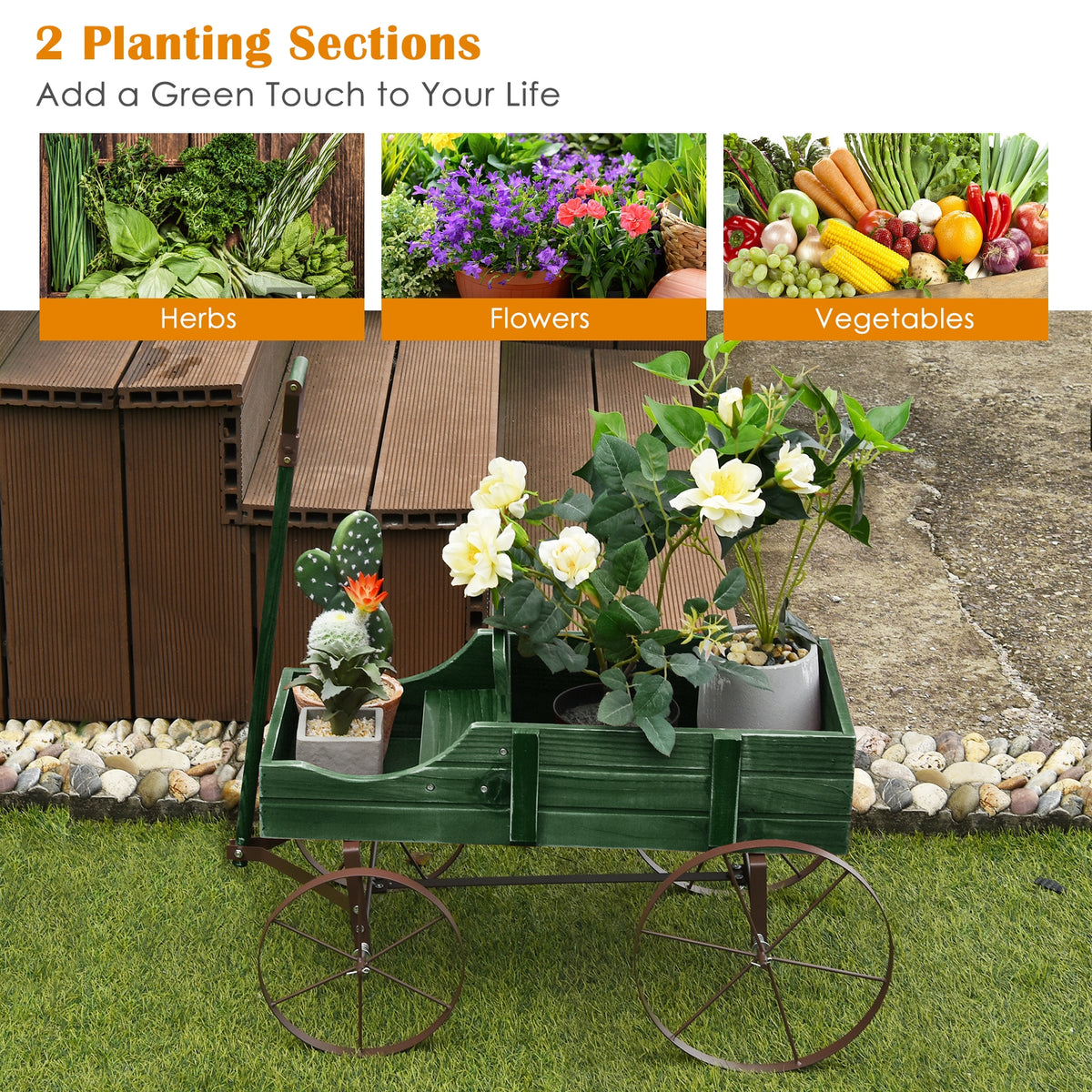 Wooden Garden Wagon Planter Bed with Metal Wheels - Green