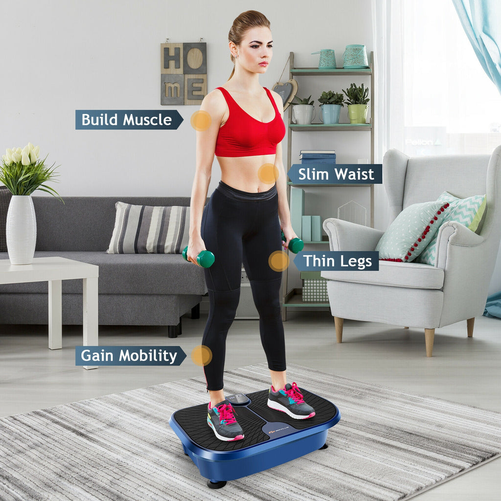 Mini Vibration Plate Exercise Machine with Remote & Loop Bands - 9 Presets, Blue, Compact Fitness Equipment