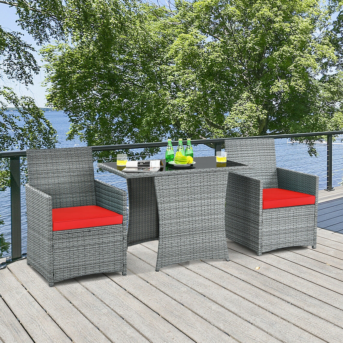 3-Piece Patio Rattan Furniture Set with Sofa - Red