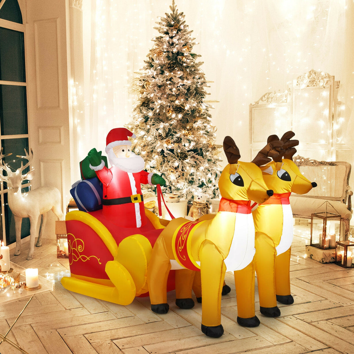 Inflatable Santa with Double Reindeer and Sled - Waterproof Outdoor Christmas Decor - Variation: Santa Claus with Double Reindeer Sleigh