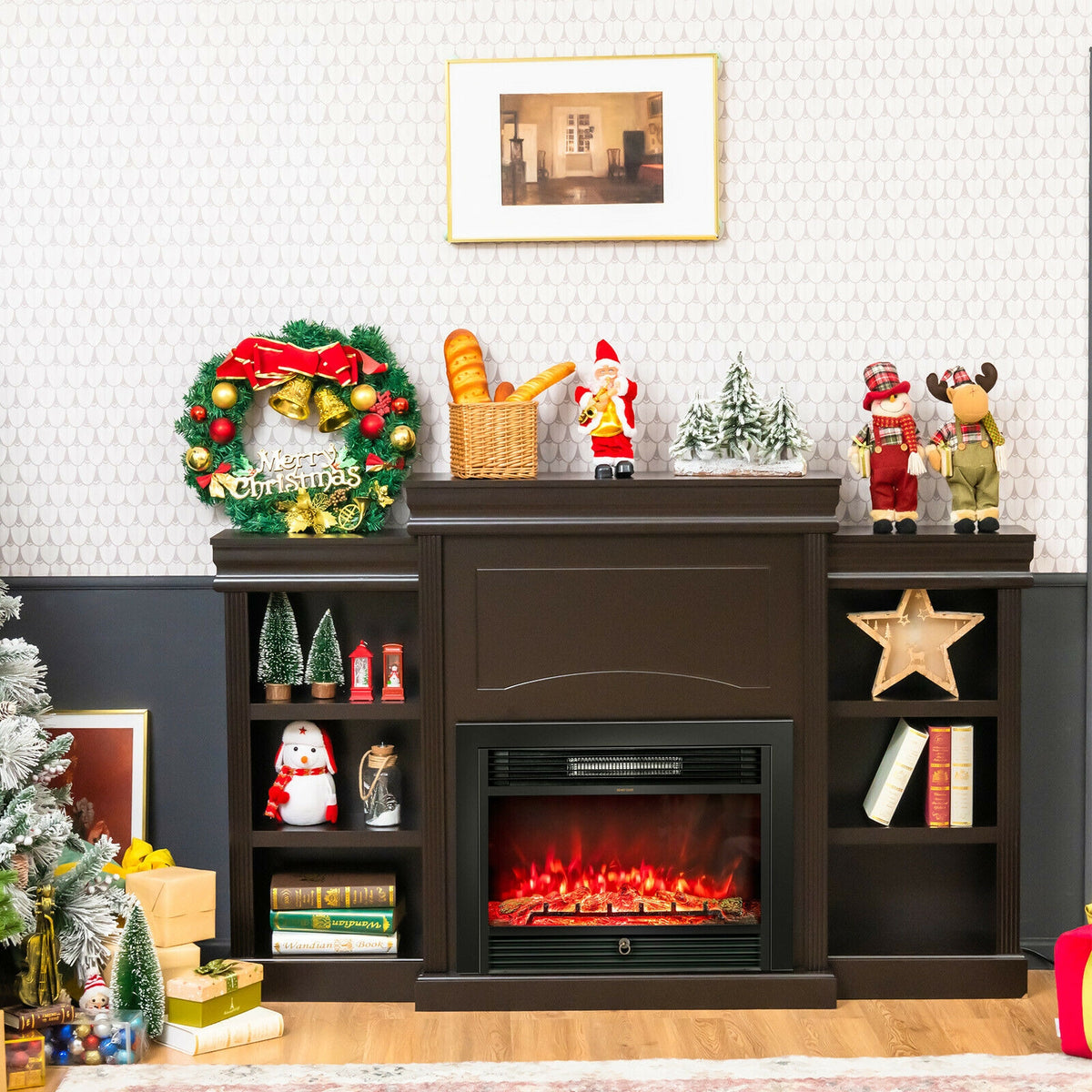 70 Inch Fireplace Media Entertainment Center with Bookcase - Brown