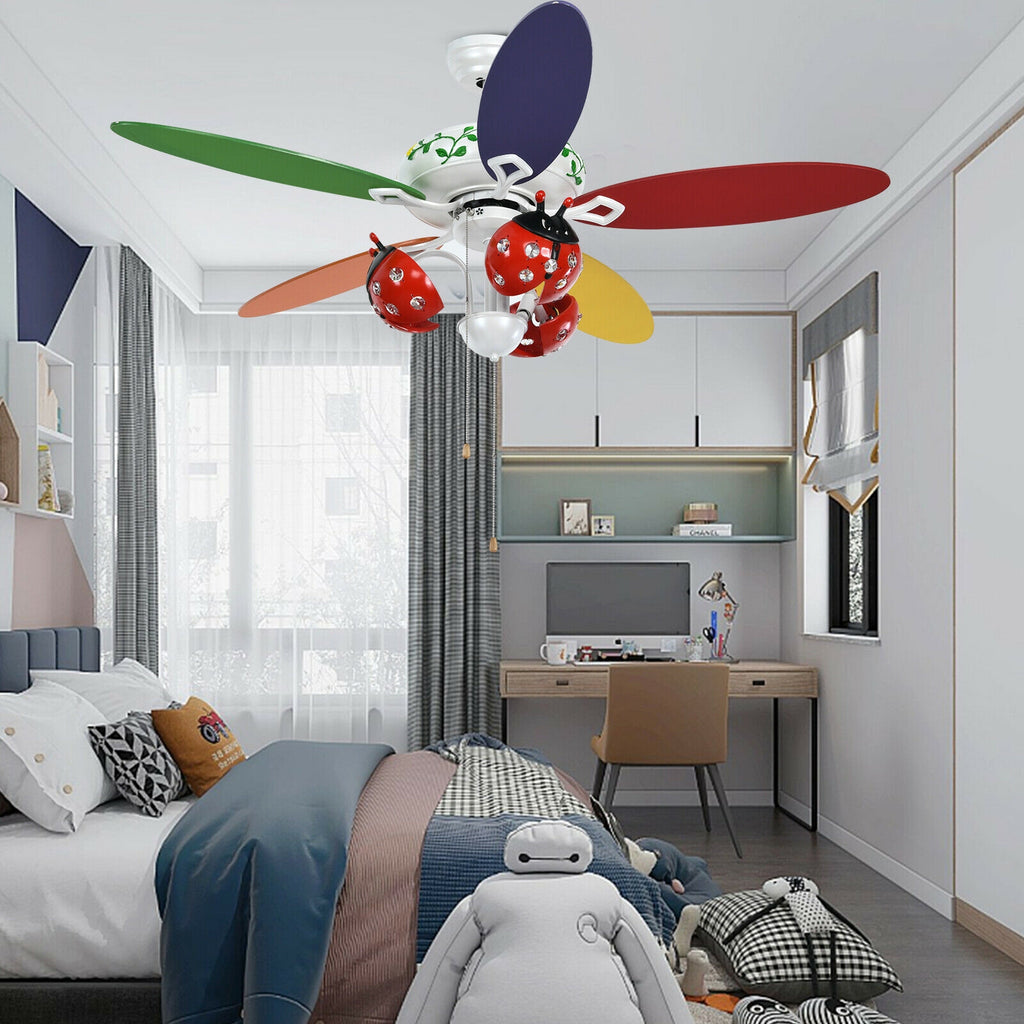 Kids Ceiling Fan with Be Beetle Lampshade, Colorful Blades & Reversible Motor