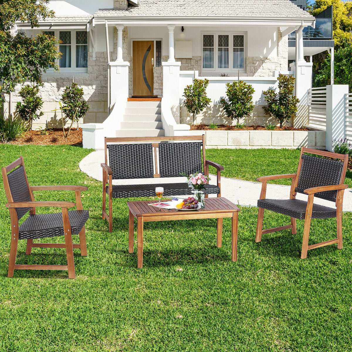 4 Pieces Outdoor Patio Rattan Furniture Sofa Set with Acacia Wood