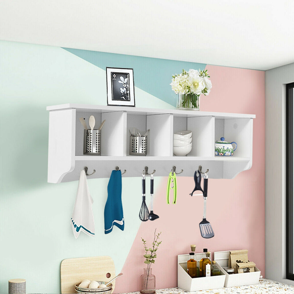 Wall Mounted Storage Cabinet with Coat Rack - White