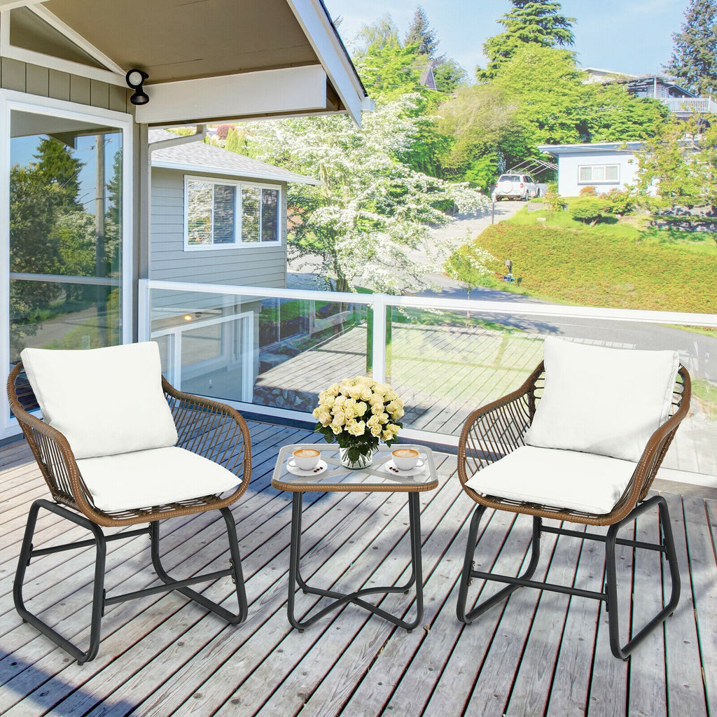 Patio Bistro Set with Cushions and Glass Table, White