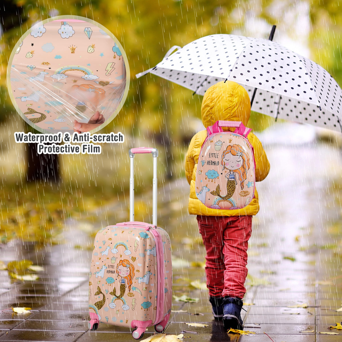 Kids Travel Luggage Set with Backpack and Suitcase - Mermaid Pattern, 12/18 Inch