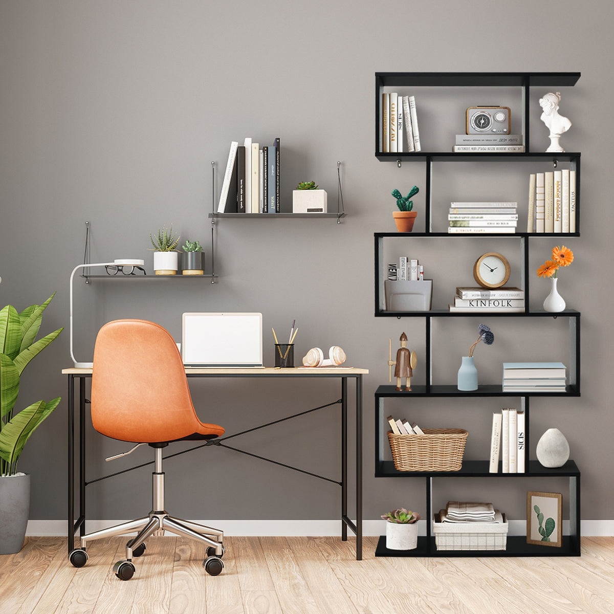 6-Tier S-Shaped Bookshelf - Black