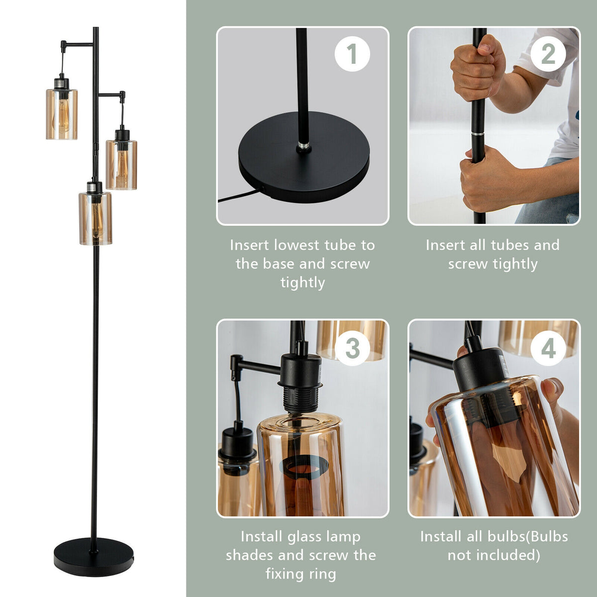 Retro Floor Lamp with 3-Head Hanging Amber Glass Shade - Stable Iron Base, Foot Switch