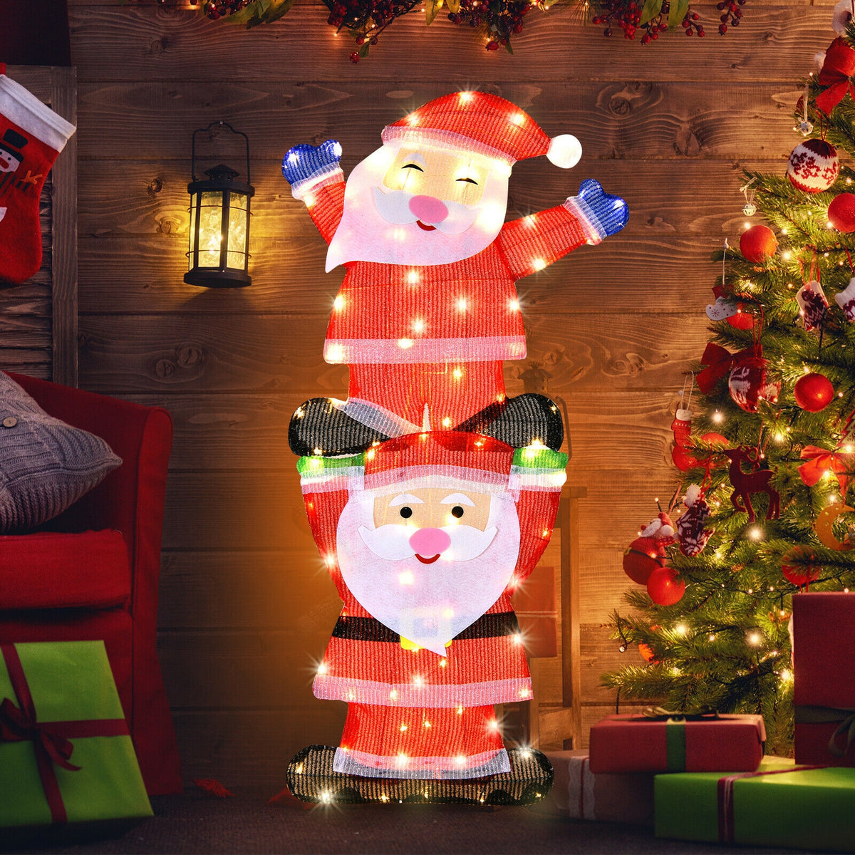 Metal Frame Double Santa LED Yard Decoration with String Lights & Stakes - Christmas Outdoor Decor