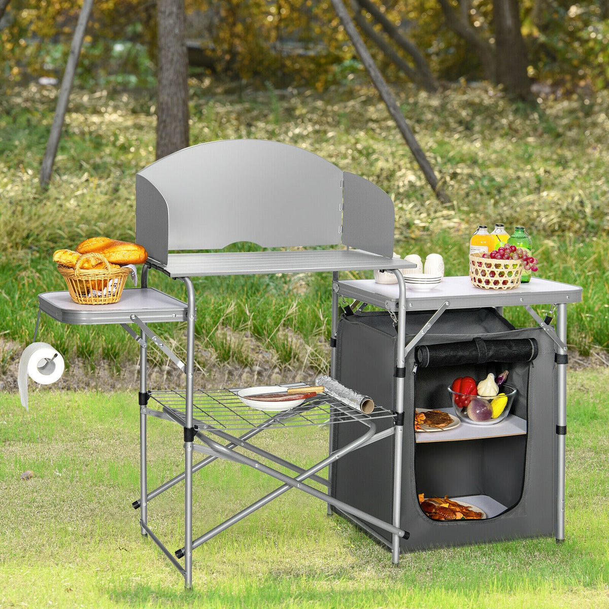 Portable Grilling Table with Windscreen & Bag - Gray