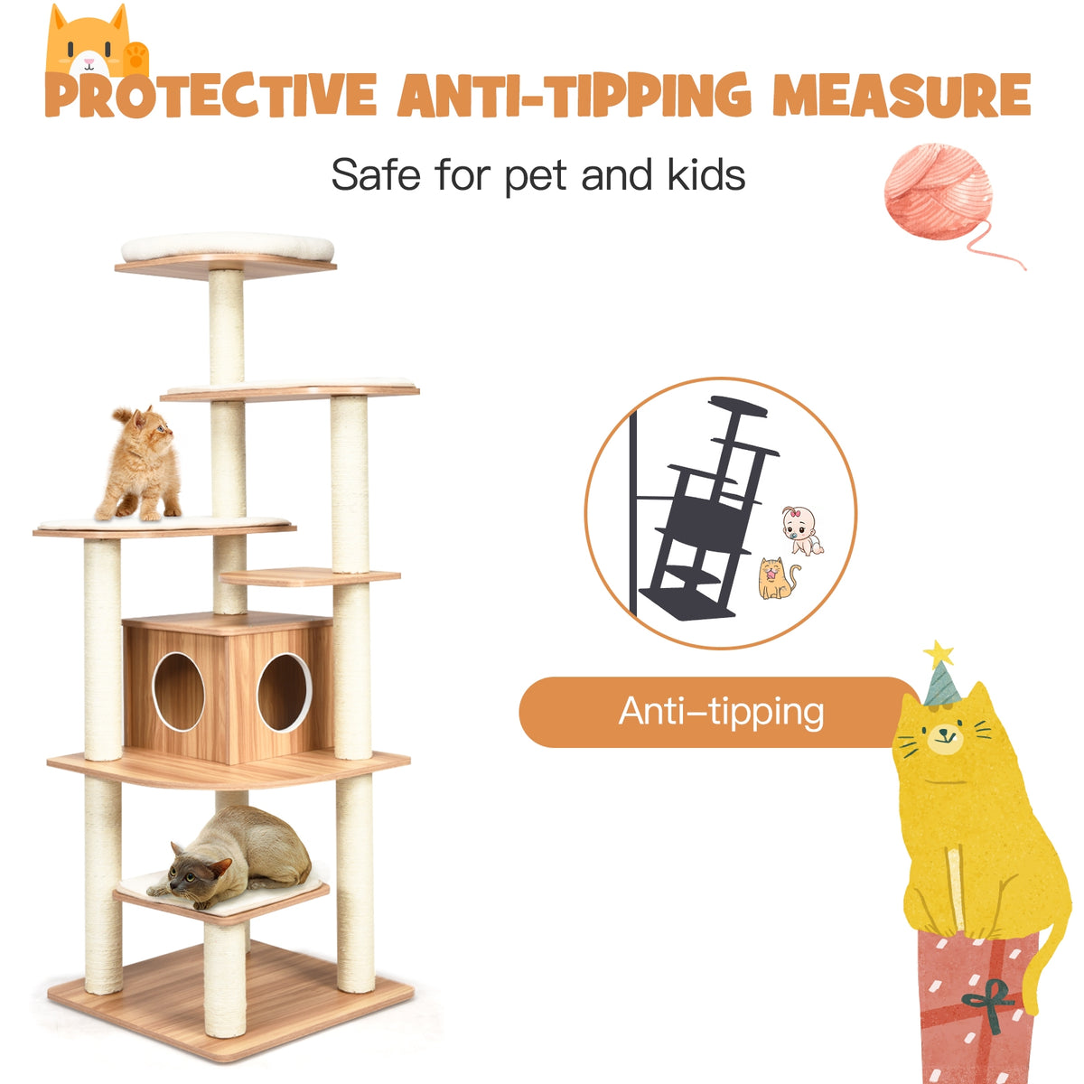 7-Layer Wooden Cat Tree Tower with Sisal Posts & Condo - Natural Finish