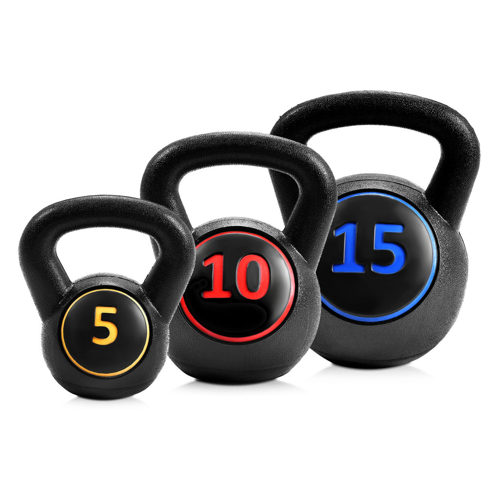 Kettlebell Weight Set - 3 Pieces 5, 10, 15lbs with Wide Grip for Full Body Workout - Variation of Kettlebell Weight Set