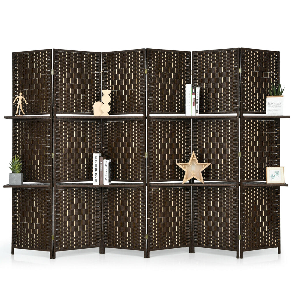 Brown 6-Panel Folding Fiber Room Divider with 2 Display Shelves - Natural Home Decor