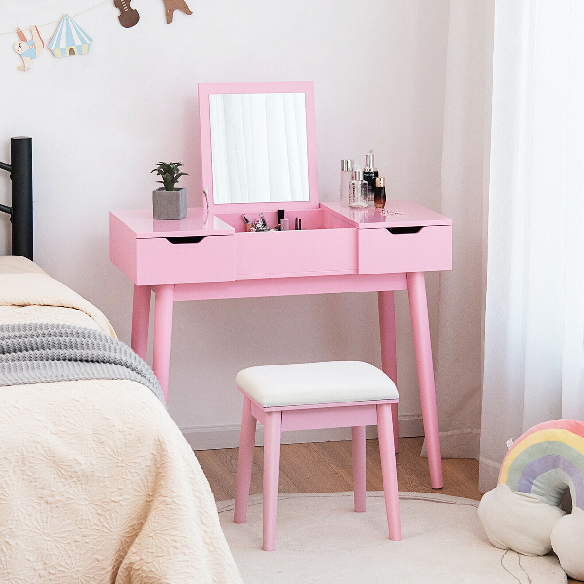 Makeup Vanity Table with Flip Top Mirror & 2 Drawers, Pink