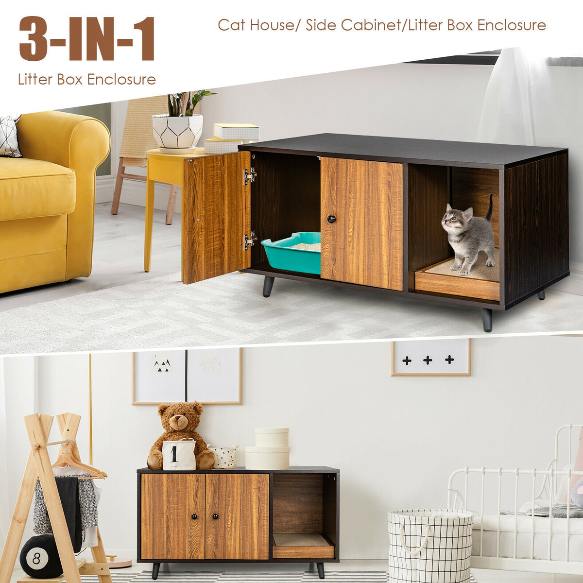 Cat Litter Box Enclosure with Divider and Double Doors - Brown, Costway