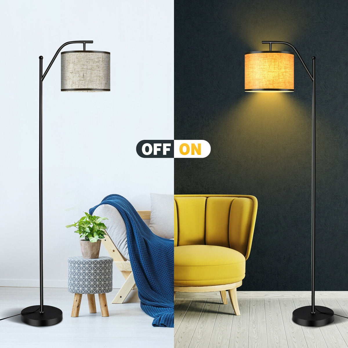 Standing Floor Lamp with Adjustable Head for Living Room & Bedroom - Modern Black & Beige