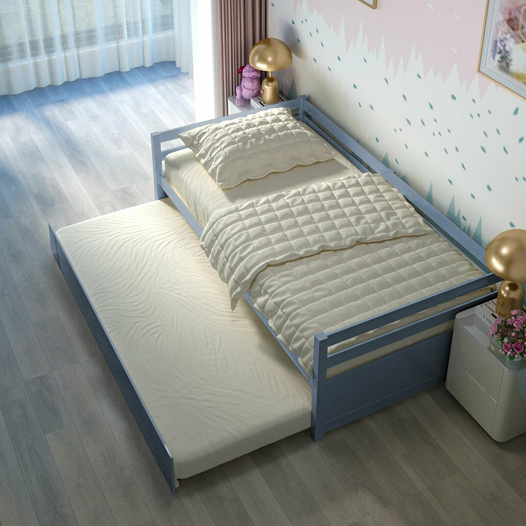 Twin Size Trundle Platform Bed Frame with Wooden Slats, Gray