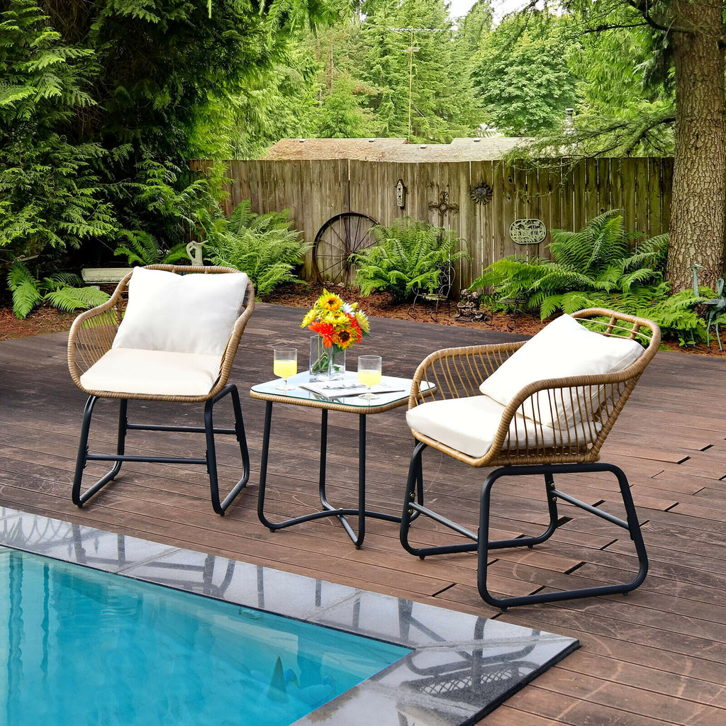 3-Piece Patio Bistro Set with 2 Rattan Chairs and Square Glass Coffee