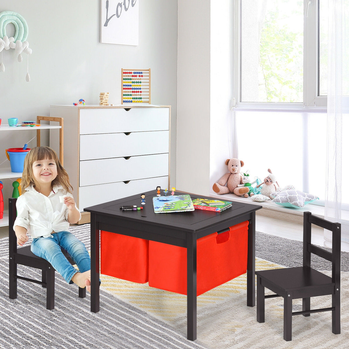 Kids Activity Table and 2 Chairs Set with Storage - Dark Brown