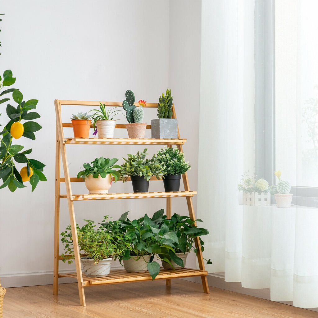 3-Tier Bamboo Plant Stand Foldable Display Shelf for Balcony