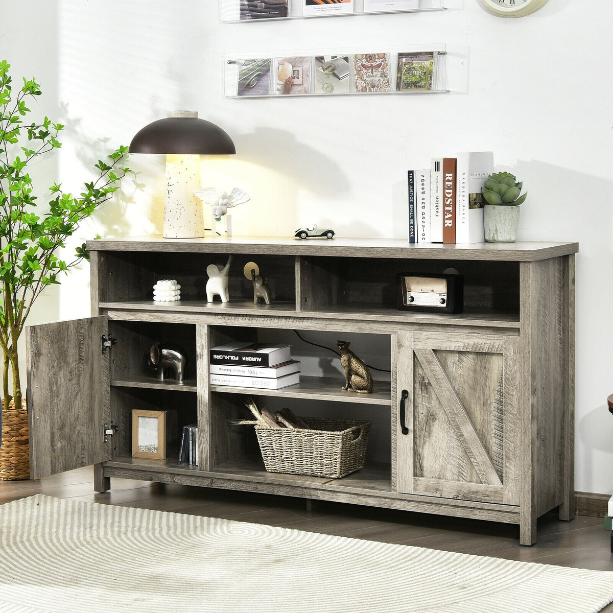 59-Inch TV Stand with Fireplace Compatibility & Barn Doors - Natural
