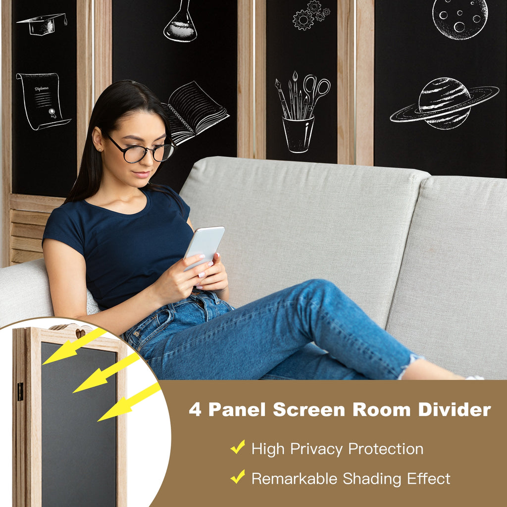 Foldable 4-Panel Room Divider with Chalkboards - Rustic Wood Partition Screen
