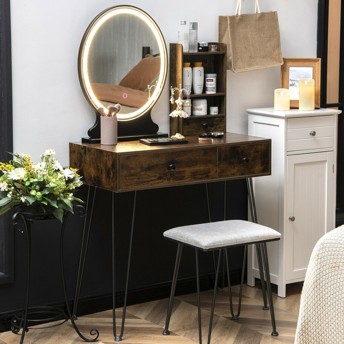 Vanity Table Set with Lighted Mirror and Cushion Stool - Brown