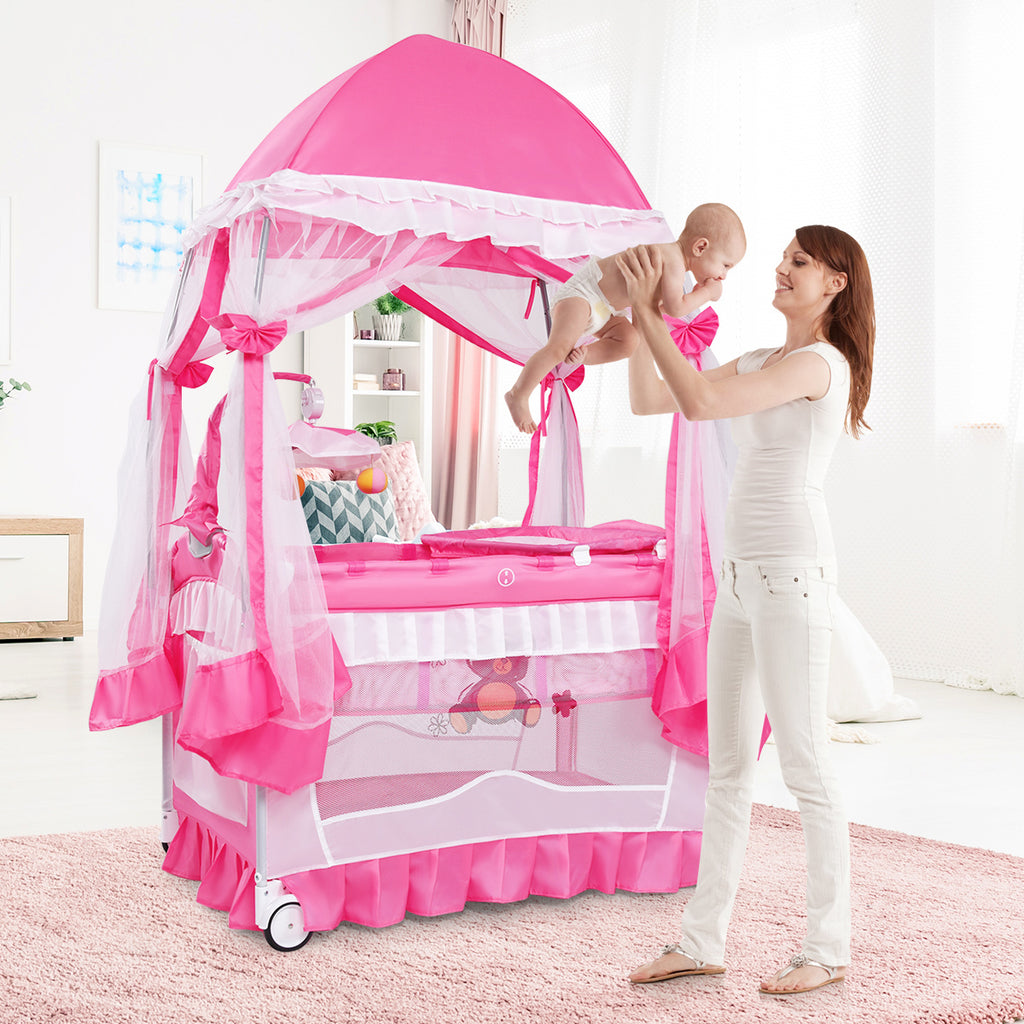 4-in-1 Portable Baby Playard with Carry Bag, Mosquito Net & Removable Bassinet - Pink