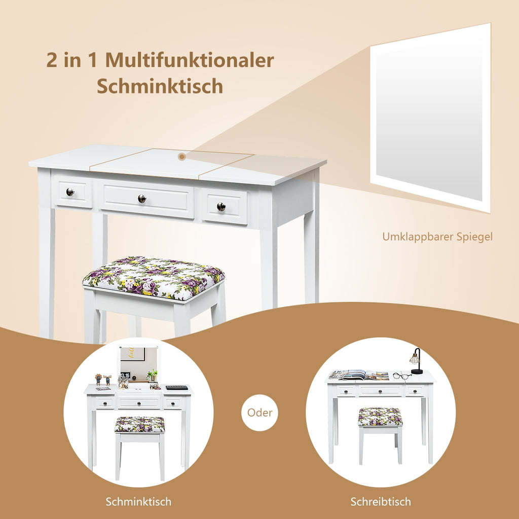Vanity Dressing Table with Flip Top Mirror and 3 Drawers