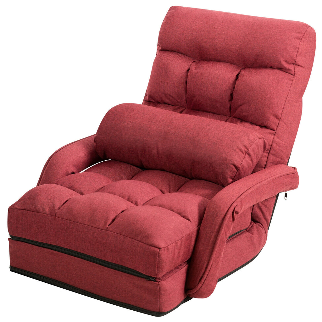 Folding Lazy Floor Chair with Armrests and Pillow - Red