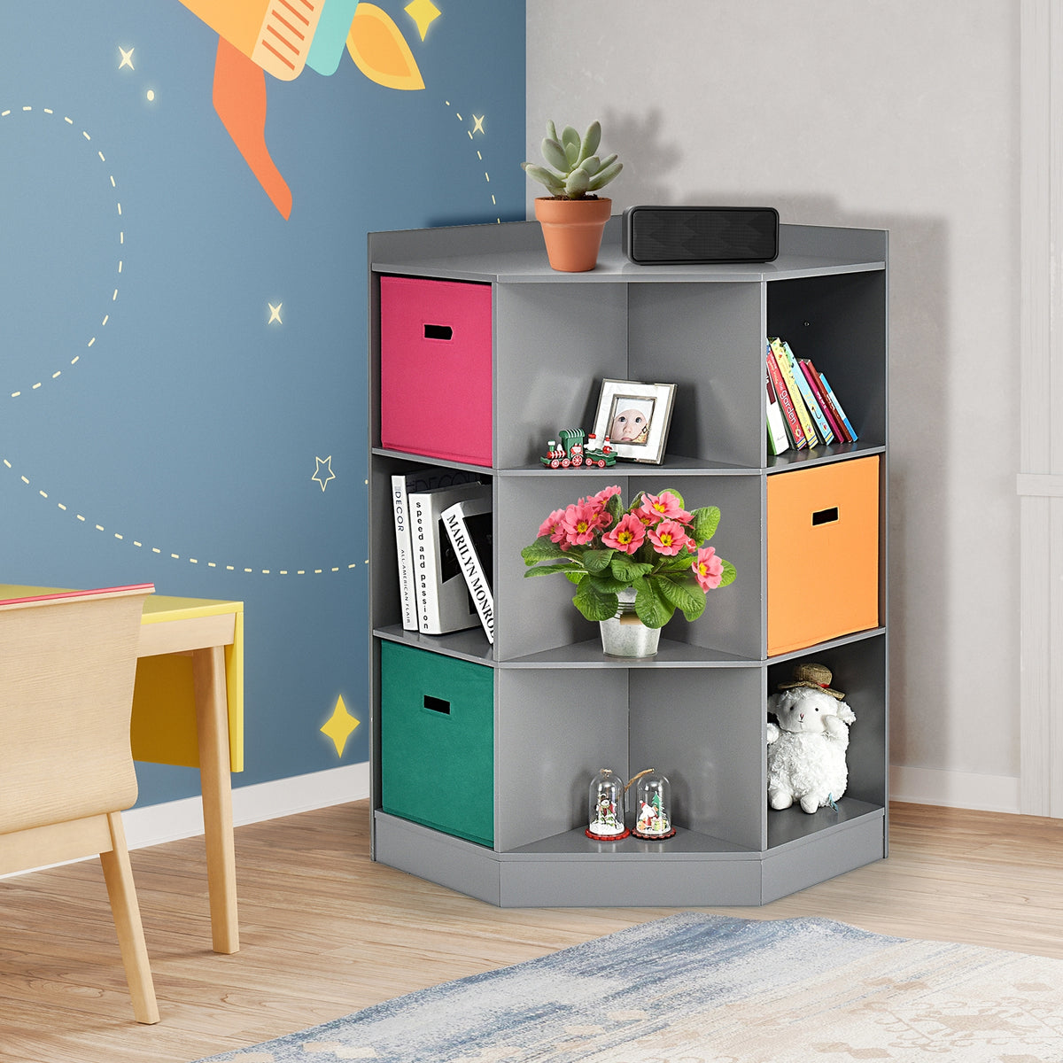 Kids Corner Storage Shelf with 3 Baskets - Gray, 3-Tier Children's Organizer