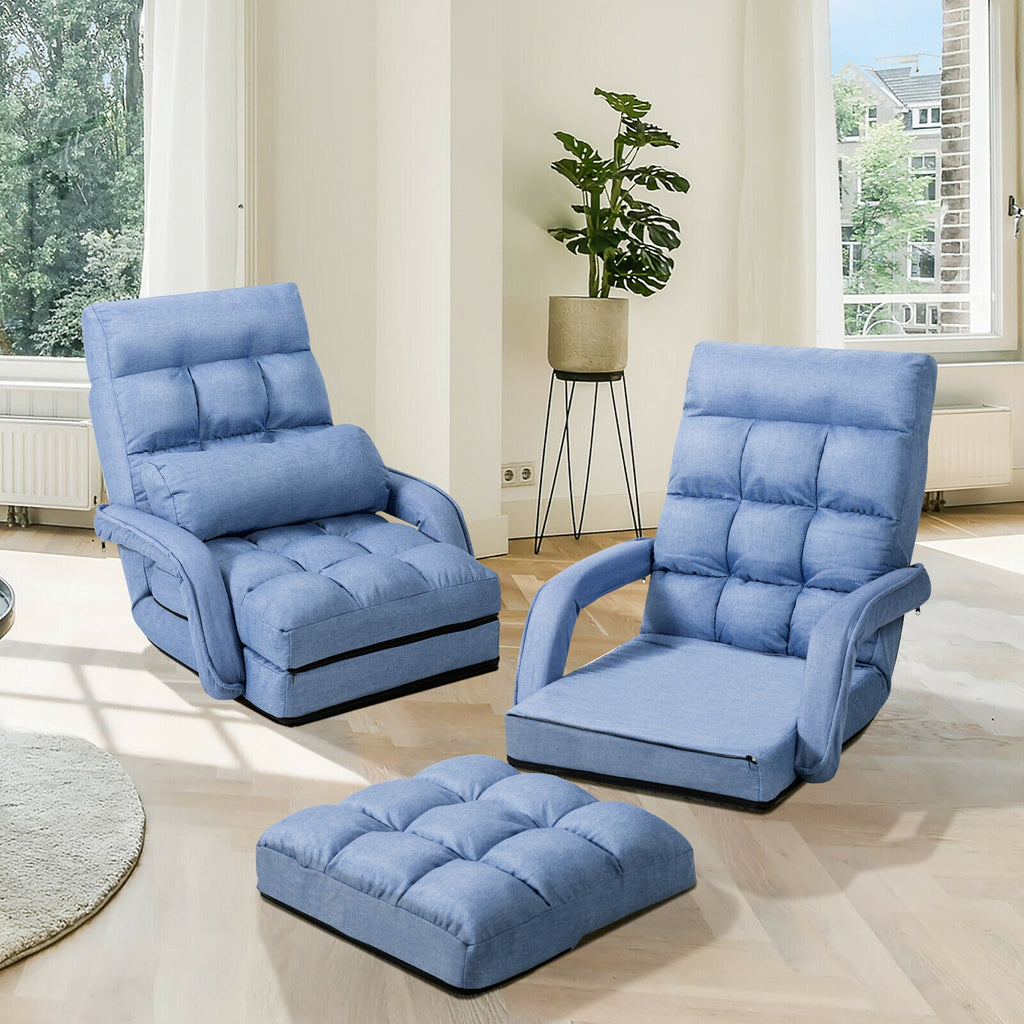 Folding Floor Chair Sofa with Armrests and Pillow - Blue