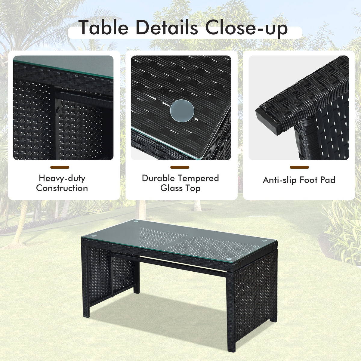 4-Piece Rattan Patio Furniture Set with Cushions - Black Rattan, Navy