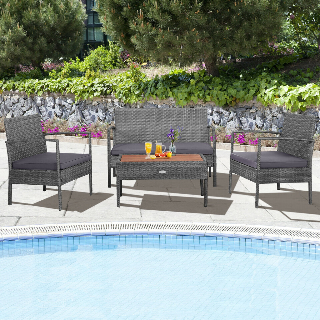 4-Piece Rattan Patio Conversation Set with Acacia Wood Table