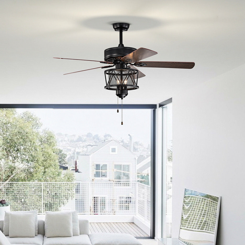 Black 50-Inch Ceiling Fan with Lights Reversible Blades & Pull Chain