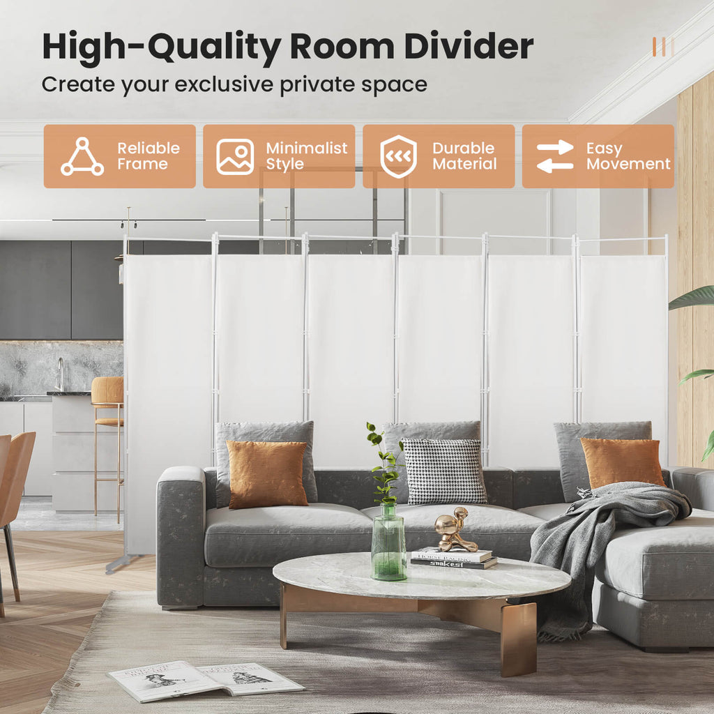 6-Panel Room Divider with Steel Support Base - White, No Wheels, Adjustable Feet