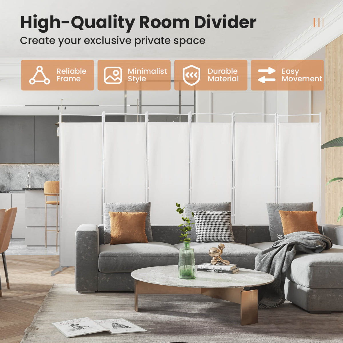 6-Panel Room Divider with Steel Support Base - White, No Wheels, Adjustable Feet