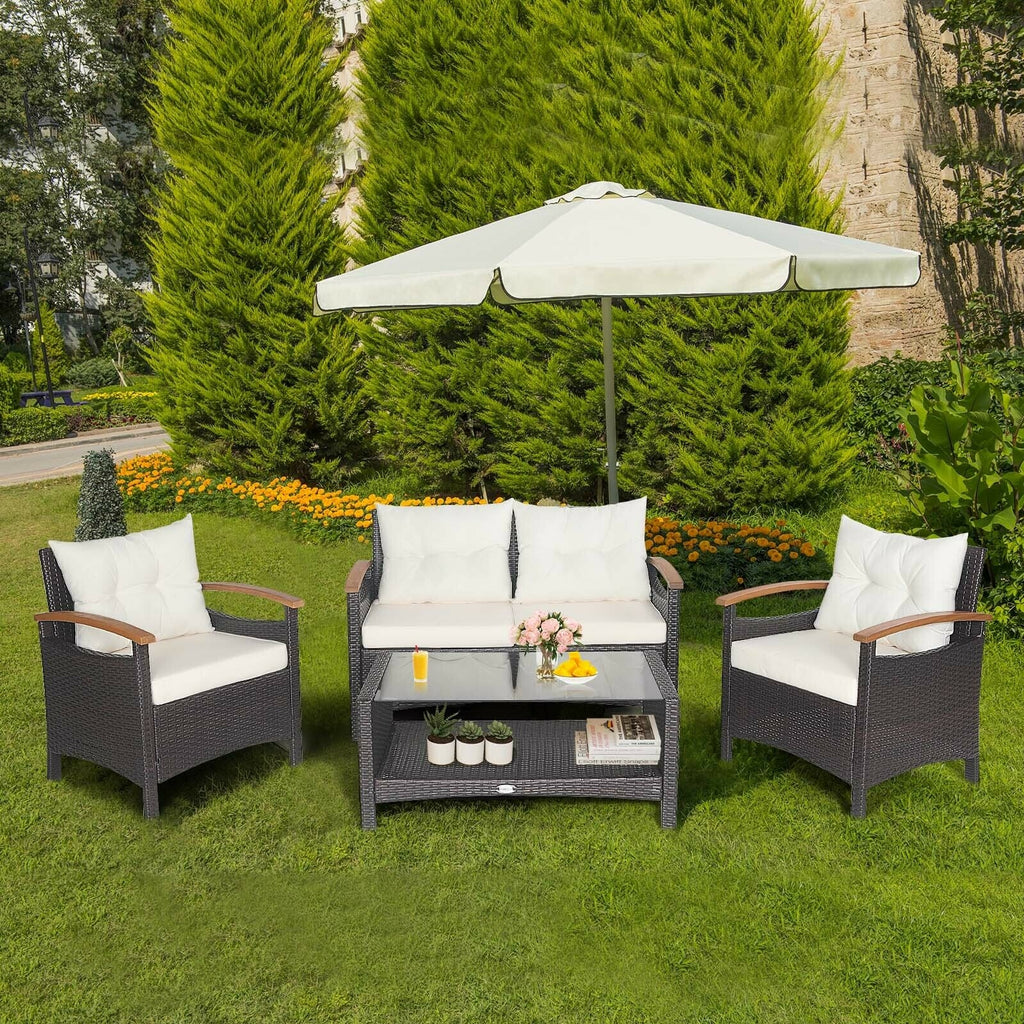 4 Pieces Patio Rattan Furniture Set with Cushioned Sofa and Storage