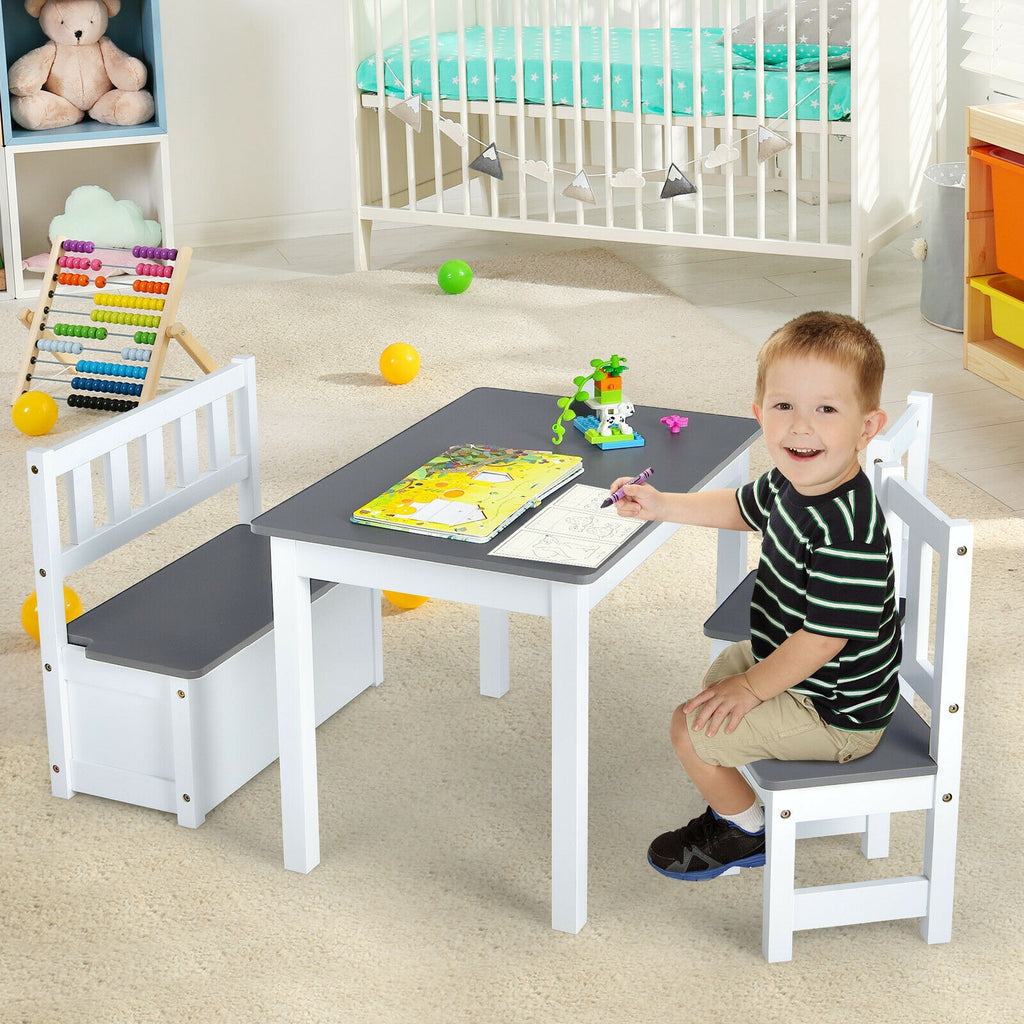 Kids Wooden Activity Table and Chairs Set with Storage Bench - Gray, 4 Pieces (Variation of THIS listing)