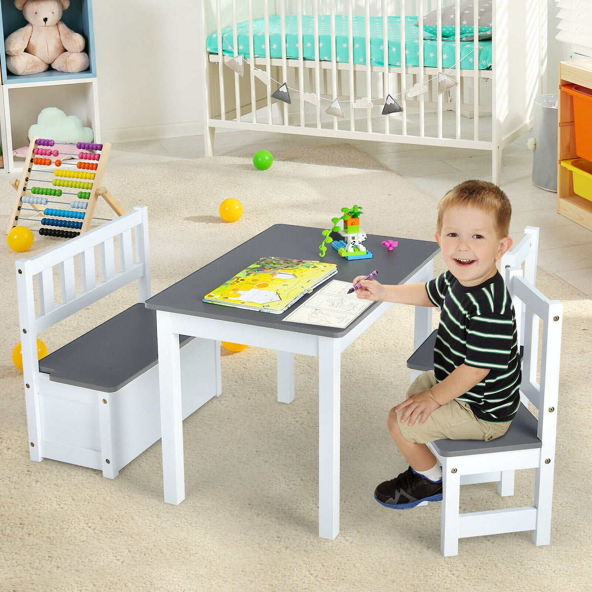 Kids Wooden Activity Table and Chairs Set with Storage Bench - Gray, 4 Pieces (Variation of THIS listing)