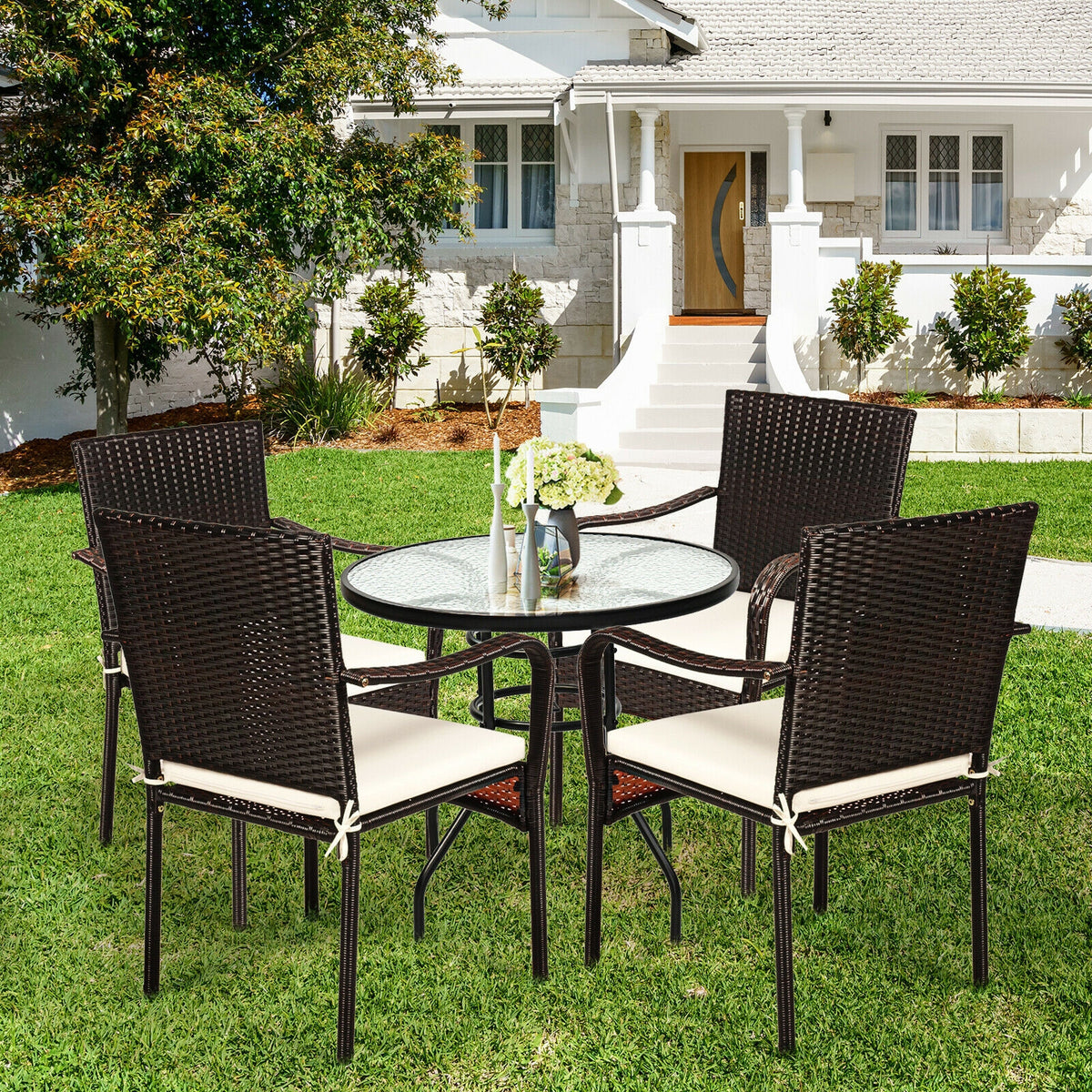Set of 4 Patio Rattan Stackable Dining Chair with Cushioned Armrest