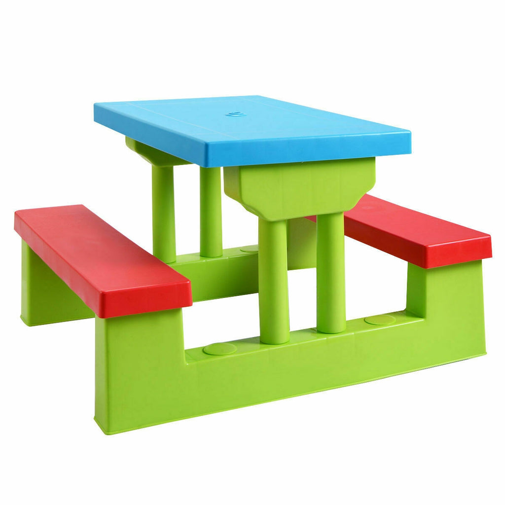 Kids Picnic Folding Table and Bench Set with Green Umbrella - Safe & Sturdy Outdoor Play Furniture