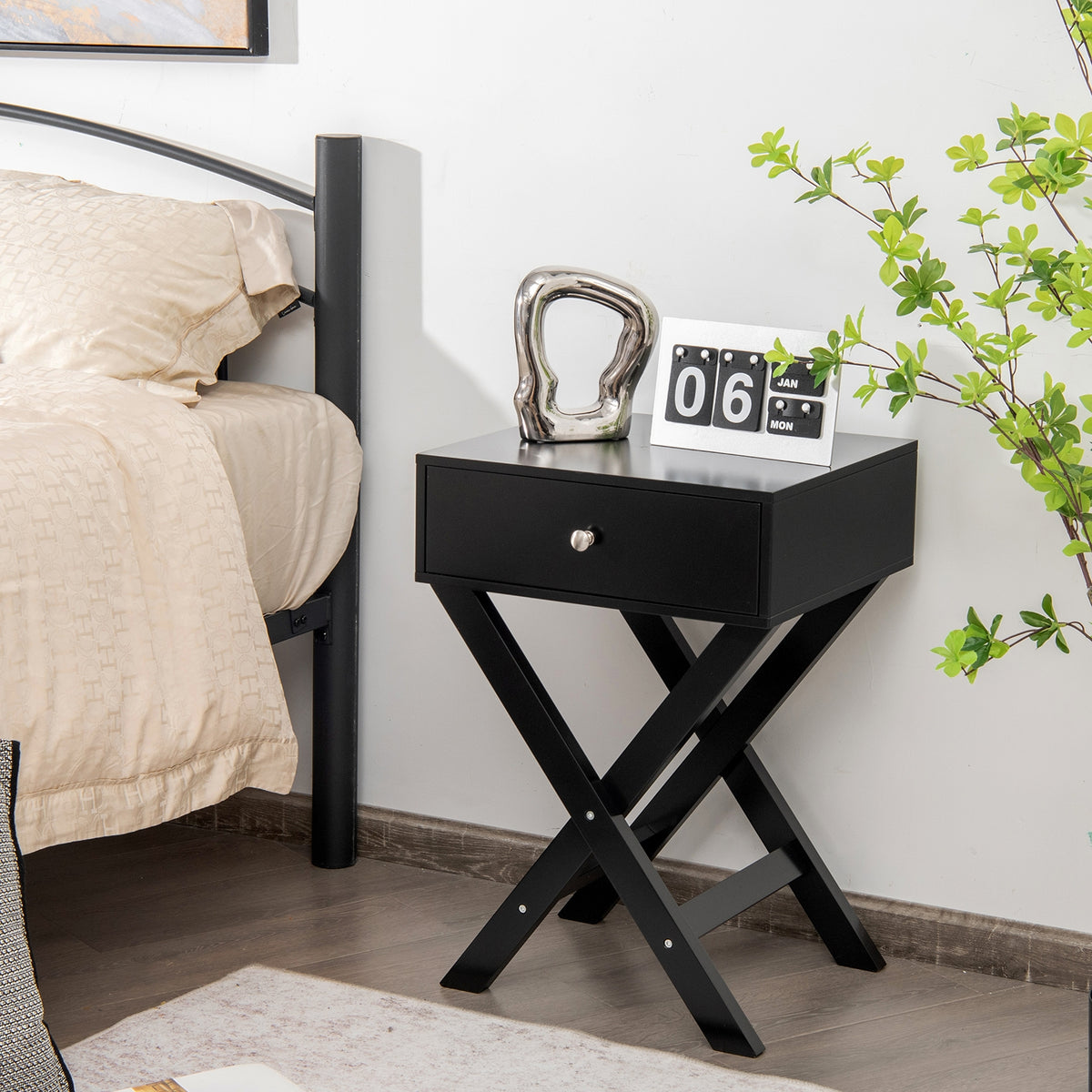 Modern X-Shaped Nightstand with Drawer - White
