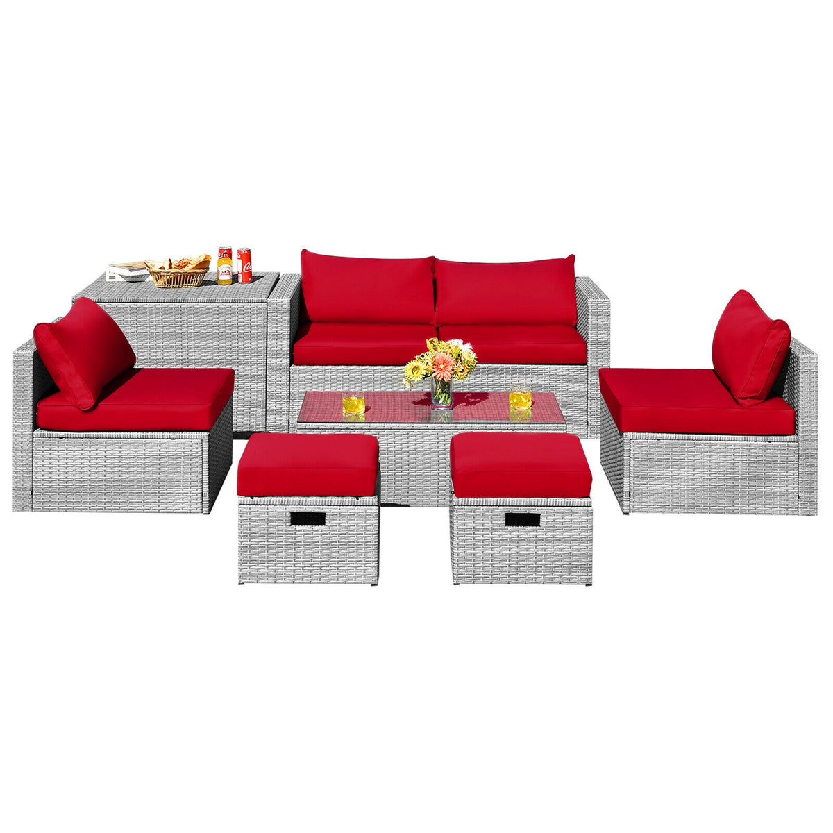 8-Piece Patio Rattan Furniture Set with Storage - Gray Rattan, Red