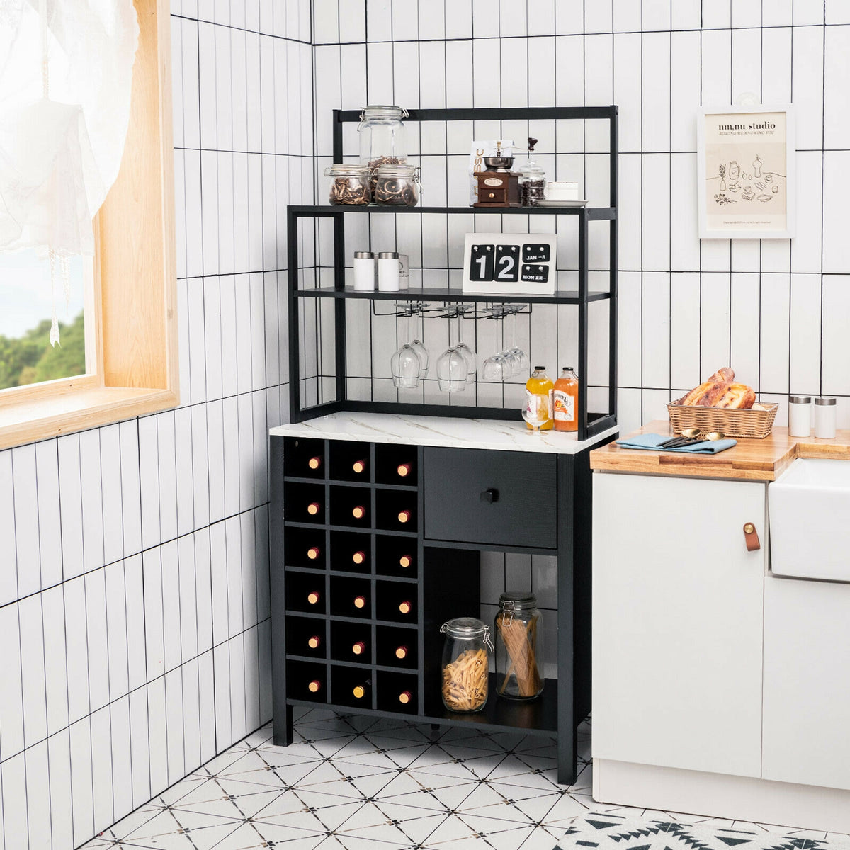 Kitchen Baker's Rack with Wine Glass Holder - Black