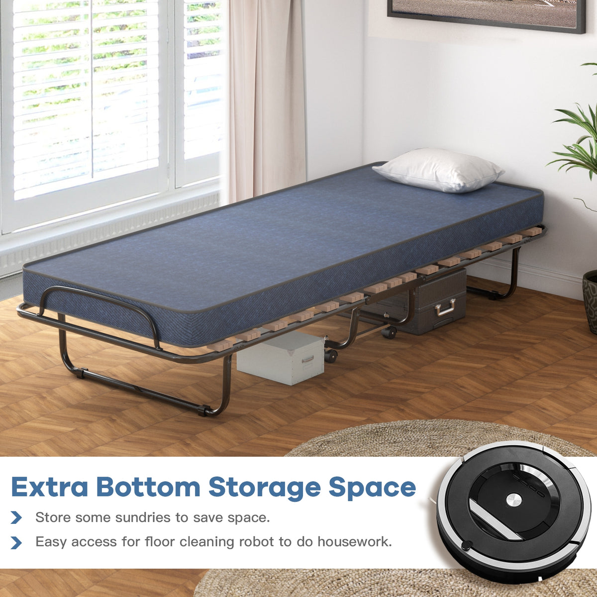 Portable Folding Bed with Memory Foam Mattress – Navy, 440lbs Capacity