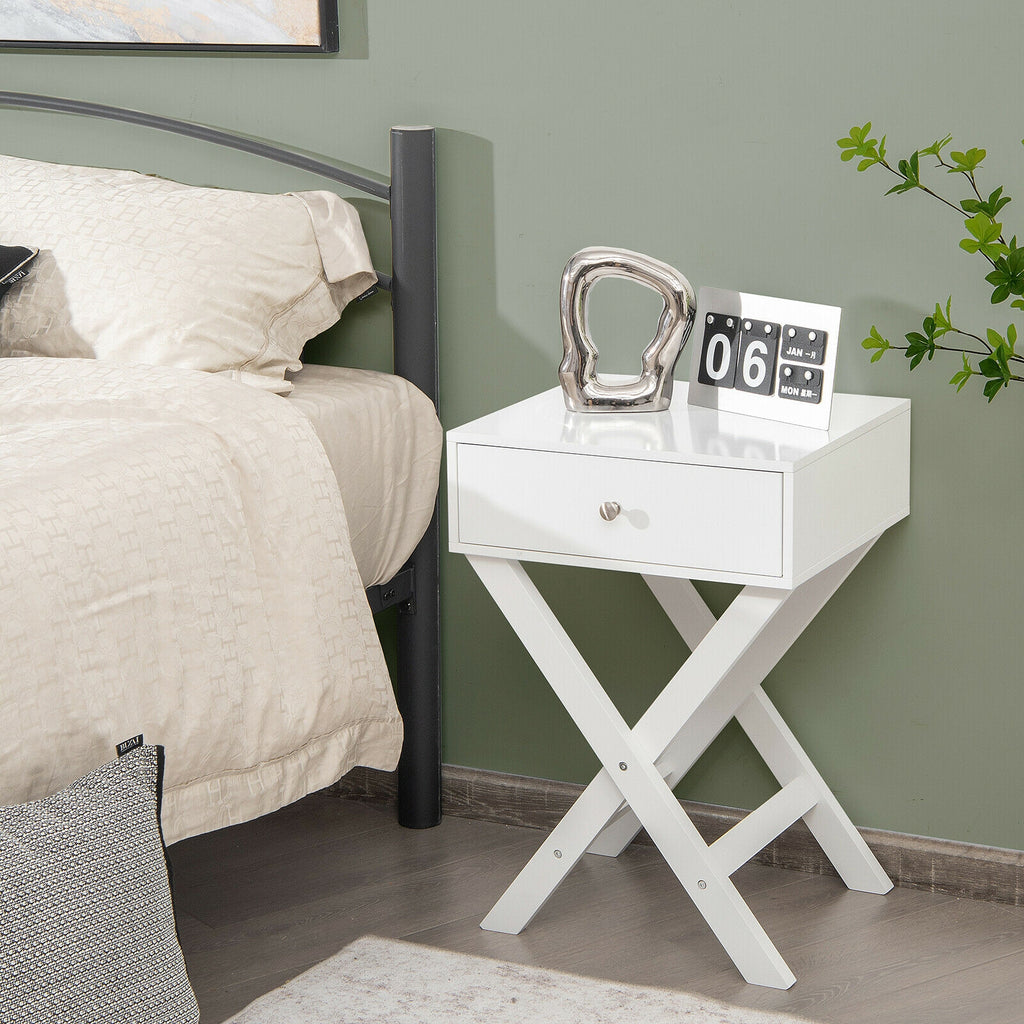 Modern X-Shaped Nightstand with Drawer - White