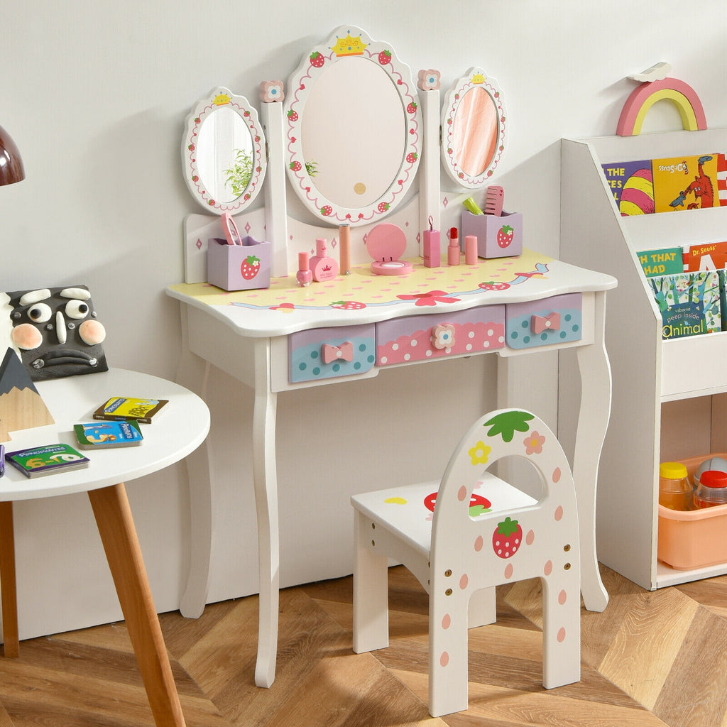 Kids Vanity Set with Tri-Fold Mirror and Chair - White, Detachable Top