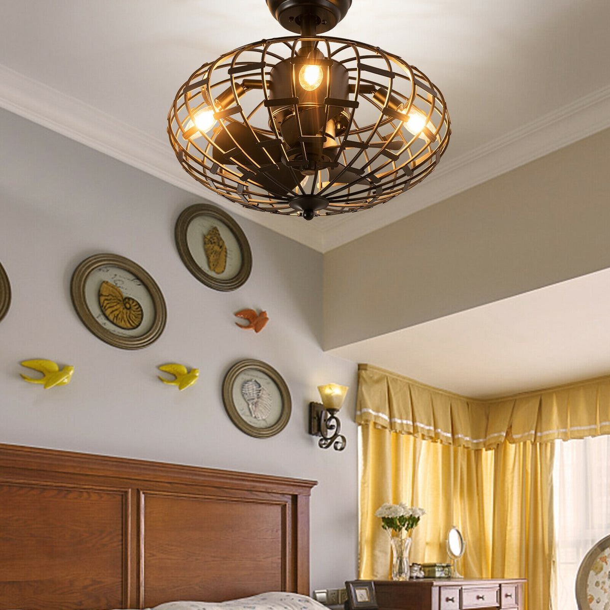 Black 5-Blade Enclosed Ceiling Fan with Light & Remote Control