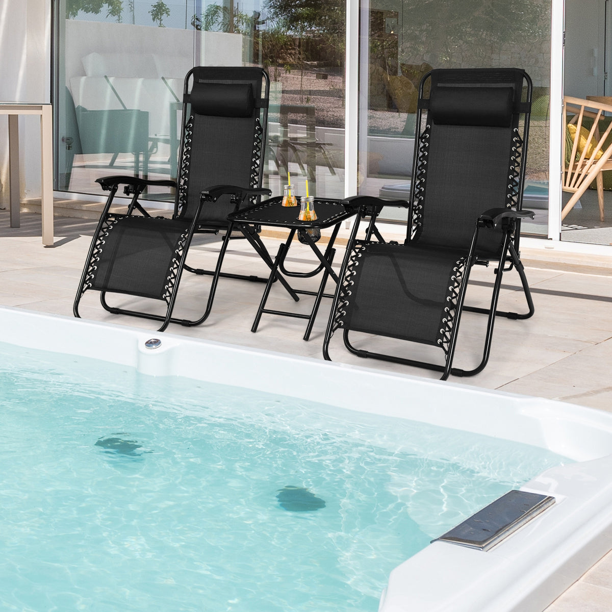 3 Pieces Folding Portable Zero Gravity Reclining Lounge Chairs Table